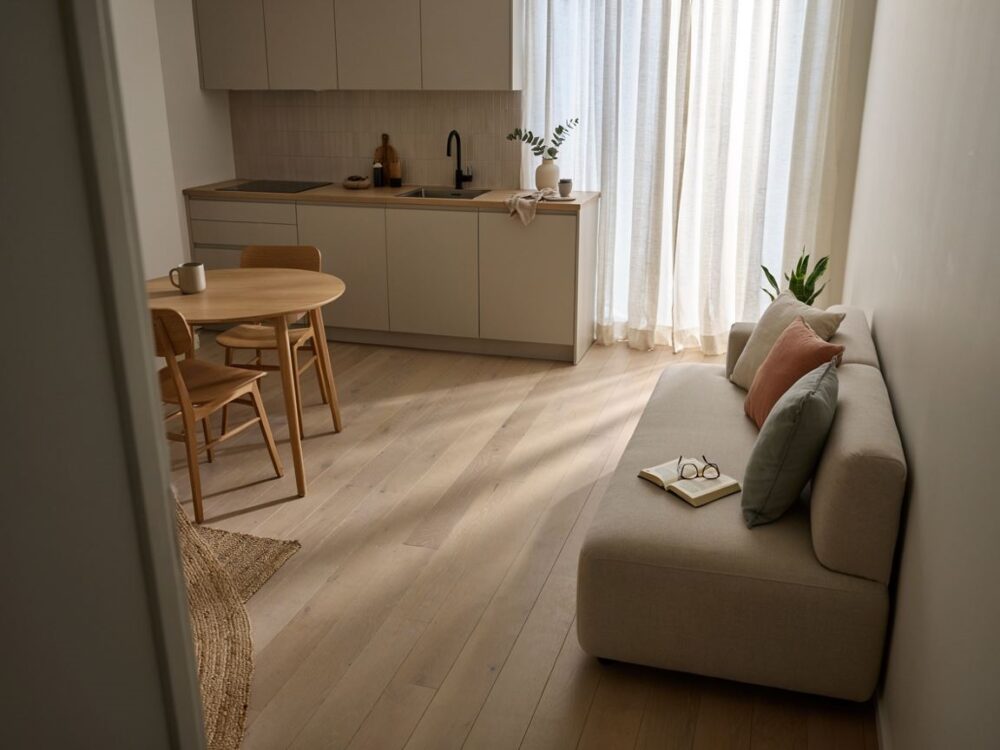 nowoczesny salon z aneksem kuchennym